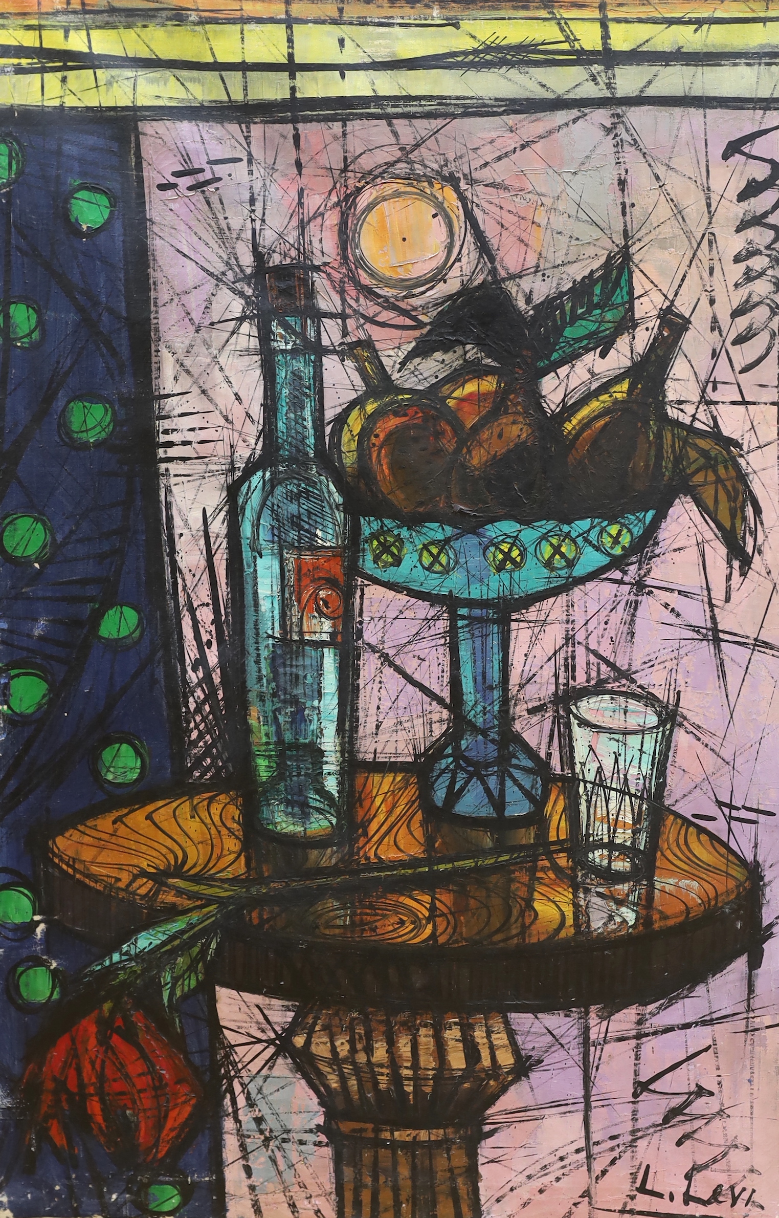 L. Levi, oil on canvas, Stylised still life of objects on a table top, signed, 92 x 61cm, unframed